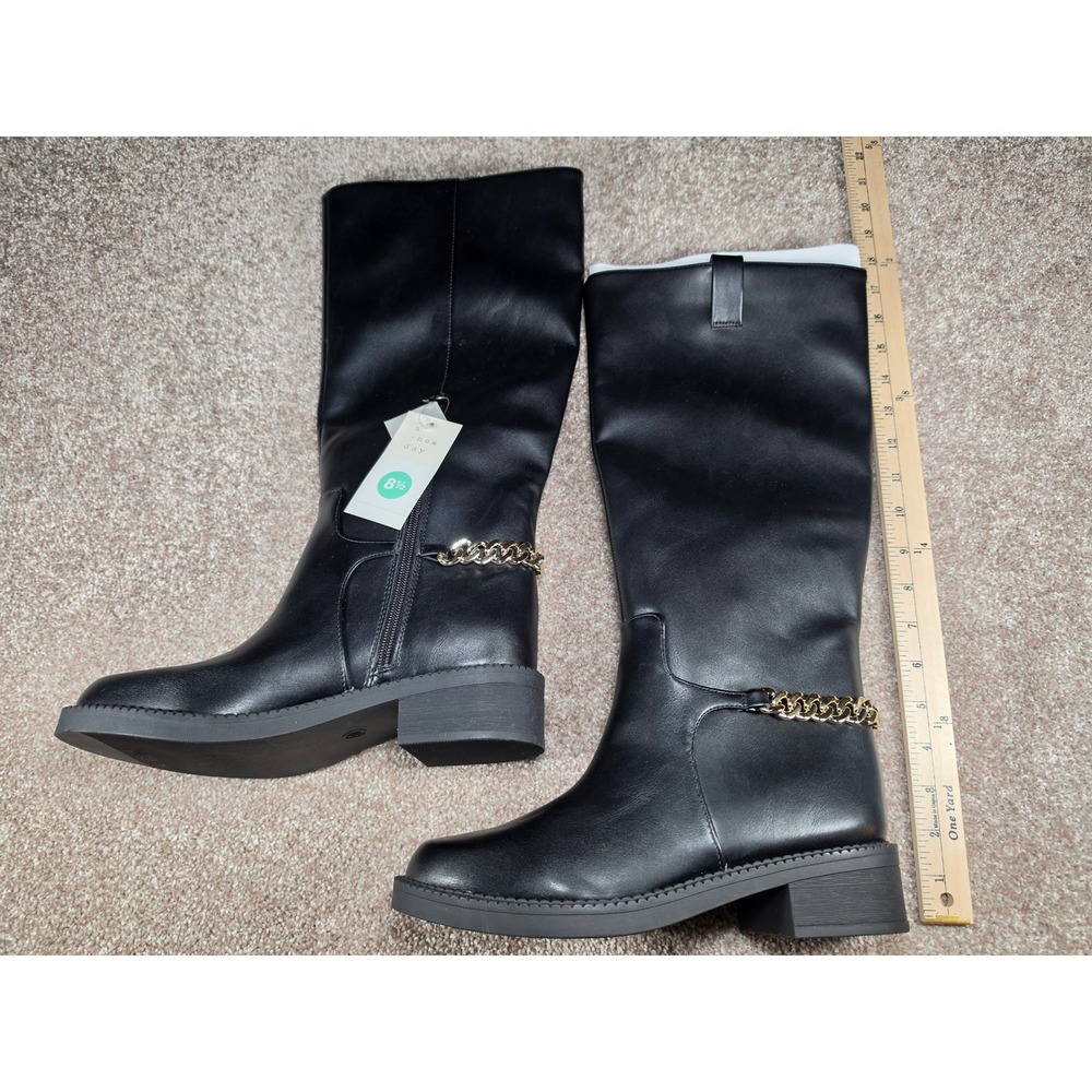 A New Day Bobbi Black Chain Riding Boots Tall Faux Leather Women 8.5 NEW